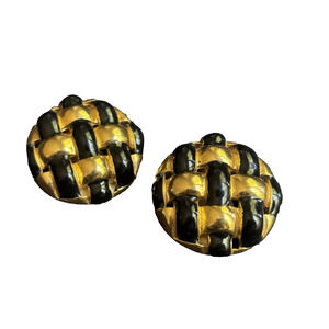Large Woven Clip Earrings Black Enamel & Gold Tone 1 1/4" Round Modern Design